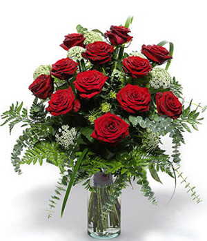 12 Red Roses with flower bottle